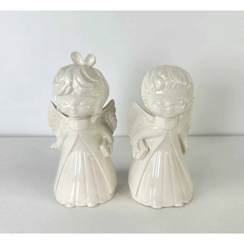 Vintage Kissing Angels Girl &‎ Boy White Ceramic Decor Christmas 7 Inches Tall